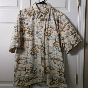 Pierre Cardin tropical island green print button down casual vacation shirt Sz L